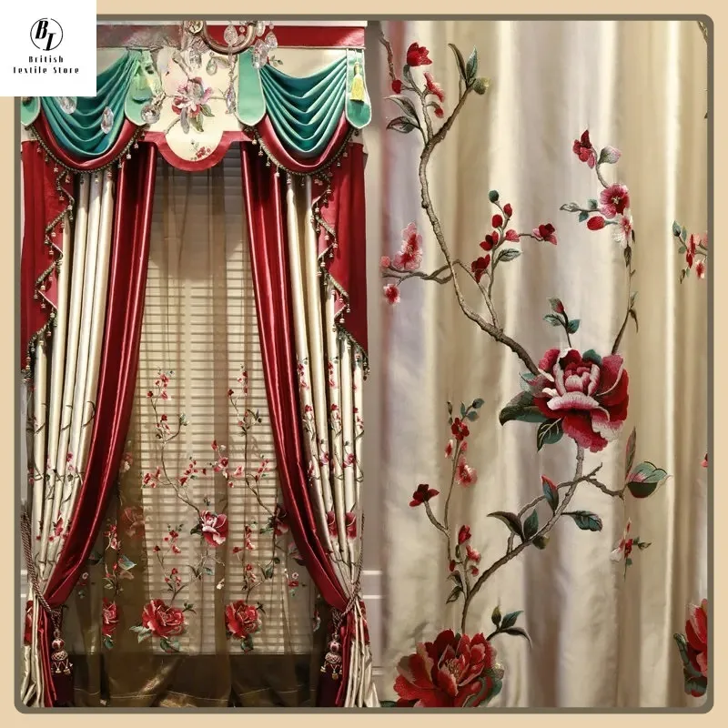 

European Embroidered Luxury Curtains for Living Room Bedroom Dining Wedding Red Gold Cloth Blackout Valance Tulle Window Custom