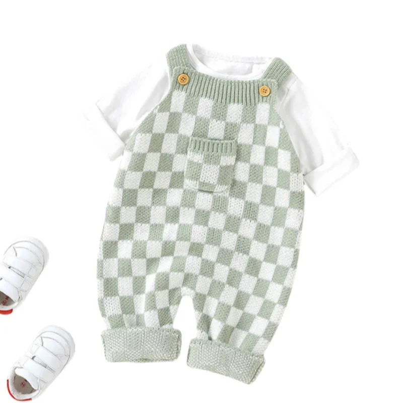2026 Autumn Newborn Baby Knitted Suspender Romper Overalls Soft Checkerboard Versatile Design Baby Boys Girls Jumpsuits