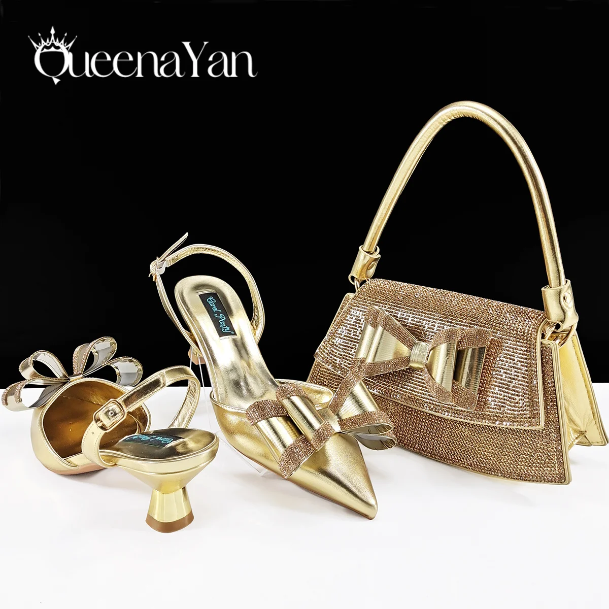 

Queena Yan New Arrival Mature Gold Color Butterfly-kont Design Party Wedding High Heels Pointed Toe Women Shoes and Bag Set