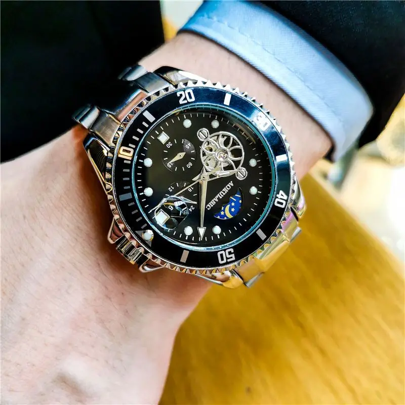 Tourbillon Moon Phase Skeleton Mechanical Watches Rotating Bezel Luminous Dial Luxury Automatic Mens Watch Stainless Steel Strap