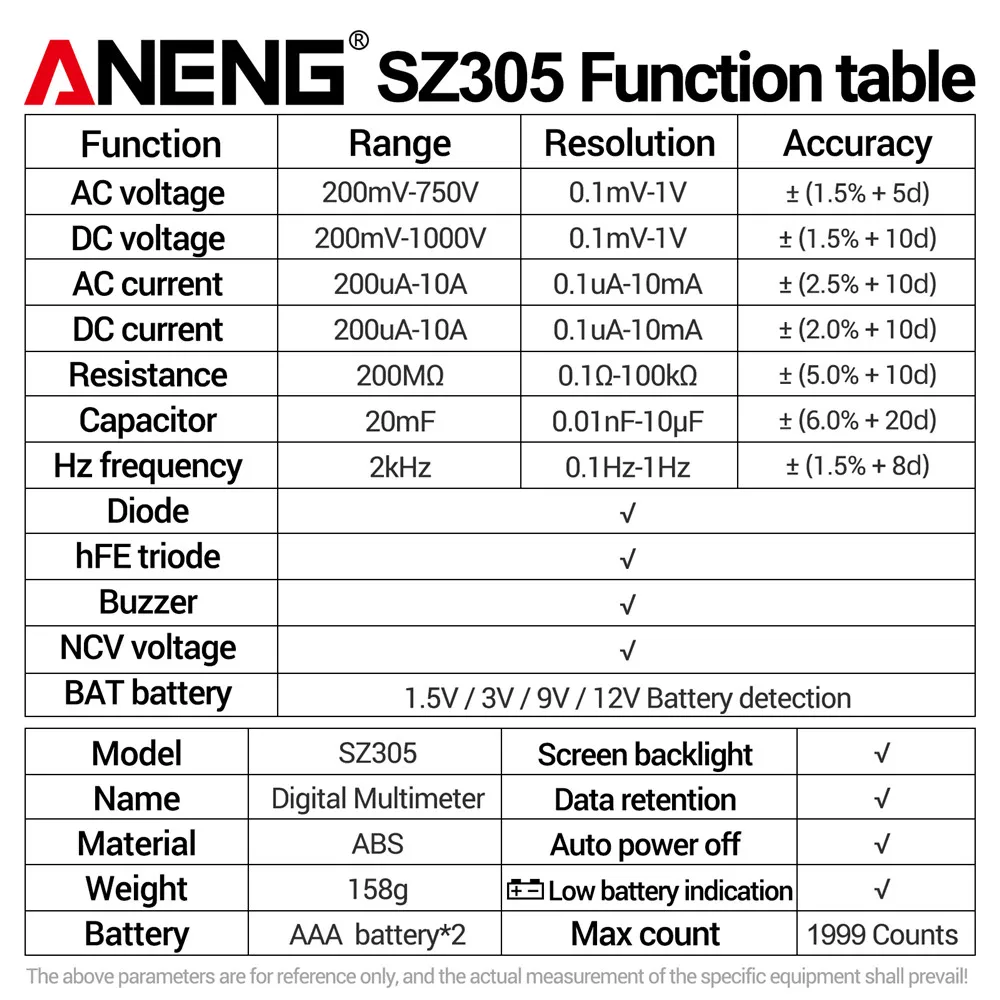 ANENG SZ305 متعددة الوظائف المقاومة hFE الصمام الثلاثي الجرس اختبار رقمي متعدد التيار المتناوب/تيار مستمر الجهد الحالي السعة NCV التعريفي