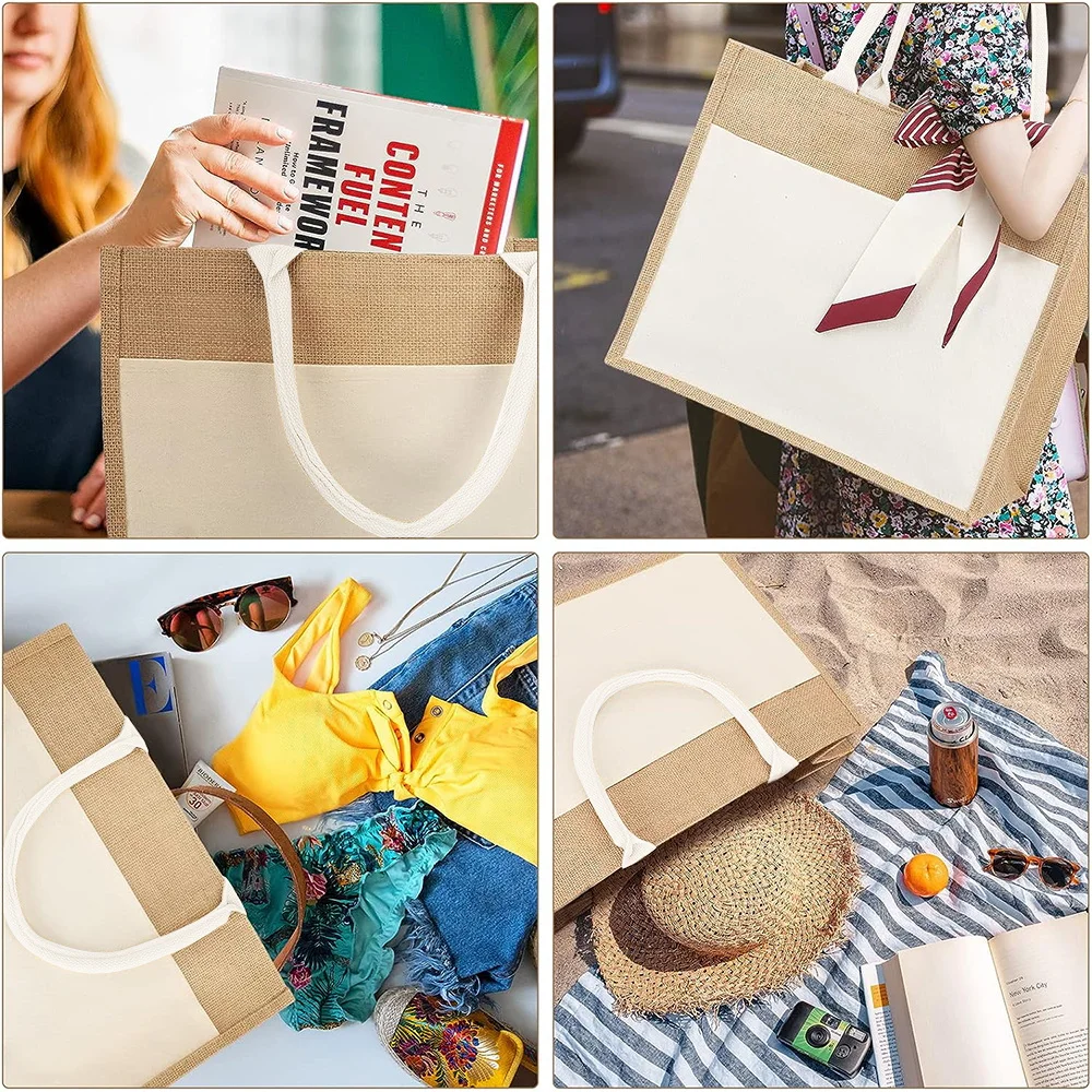 Jute Handbag Linen Shoulder Bag Teacher Letters Composed of Flowers and Butterflies Bag Women Shopping Pouch Tote Laminated Bags