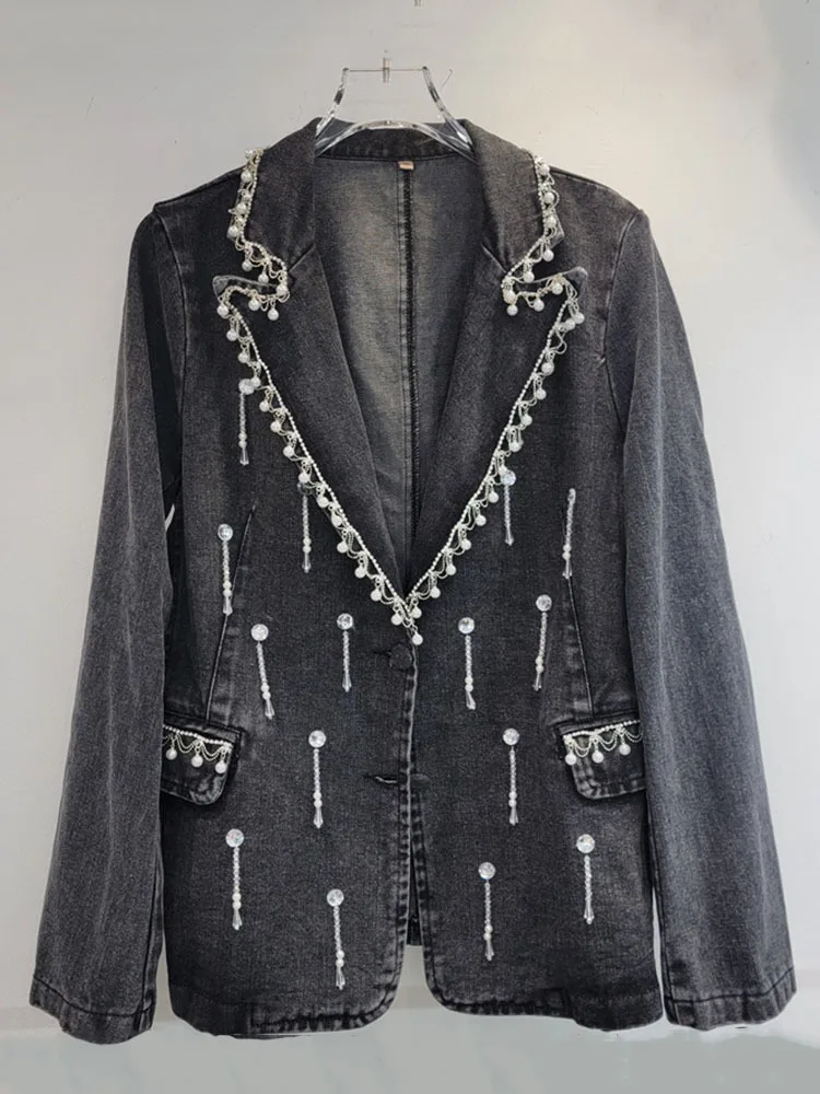 Deat Nieuwe Trendy Dames Diamanten Design Denim Blazer 2024 Herfst Mode Lange Mouwen Single Breasted Jas Vrouw 33a776