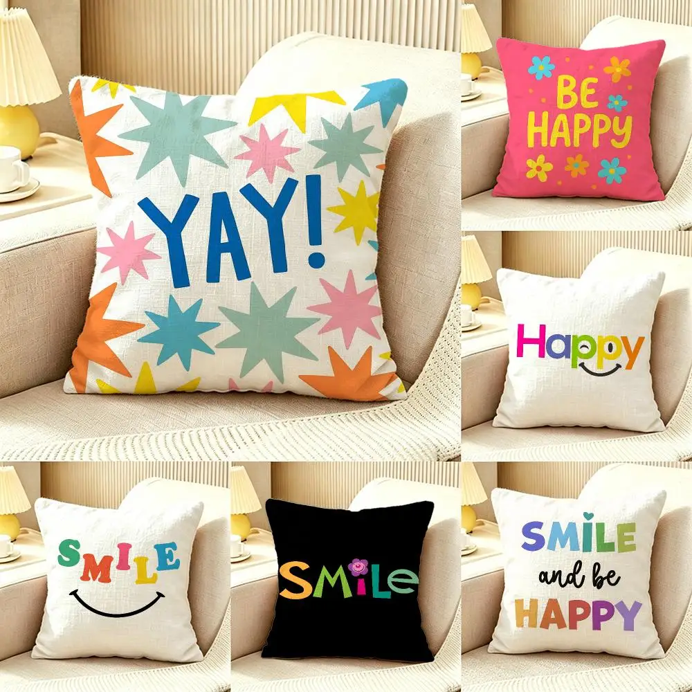 Happy Slogan Cartoon Text Cushion Cover Pillow Cover Nordic Minimalist Throw DoubleSided Print Cushion Case for Bedroom Decor