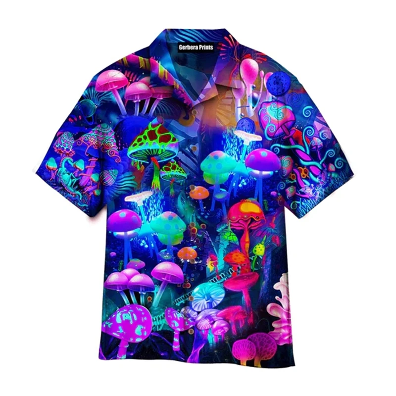 Colorful Mushroom 3d Print Hawaiian ShirtsFor Men Summer Vacation Plants Beach Shirts Button Short Sleeve Street Aloha Shirt Top