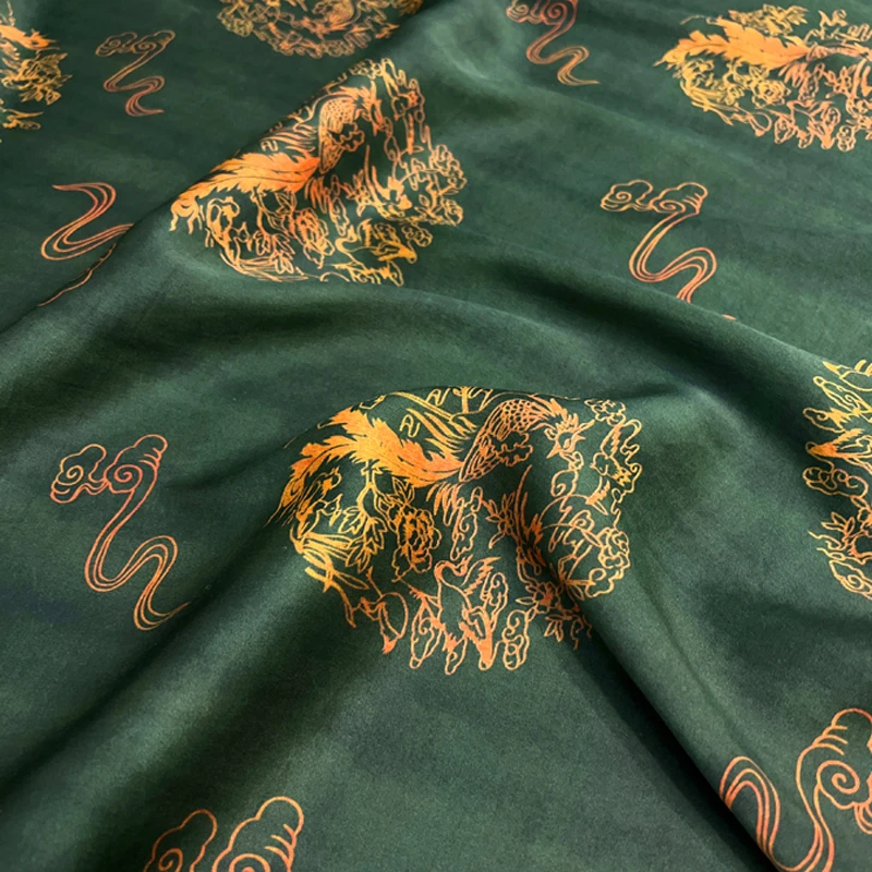 120CM Wide 25MM Gambiered Gauze Silk Fabric with Phoenix Cloud Printed Design for Cheongsam Horse Face Skrit Dress Pants E1565