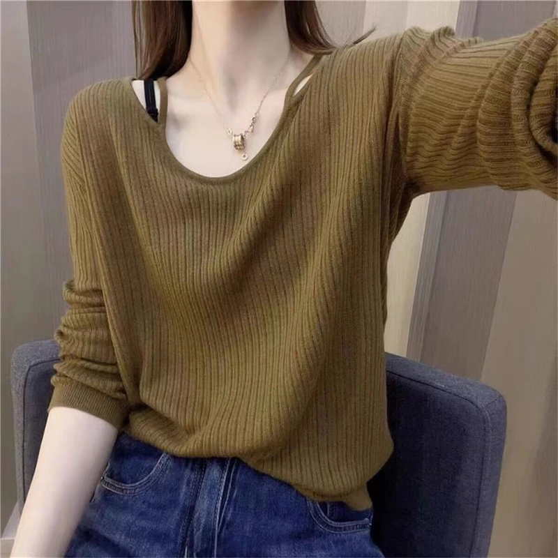 Women\'s Clothing 2023 Korean Style Simple Casual Knitwear Spring Autumn V Neck Hollow Long Sleeve Loose Pullover Knitted Sweater