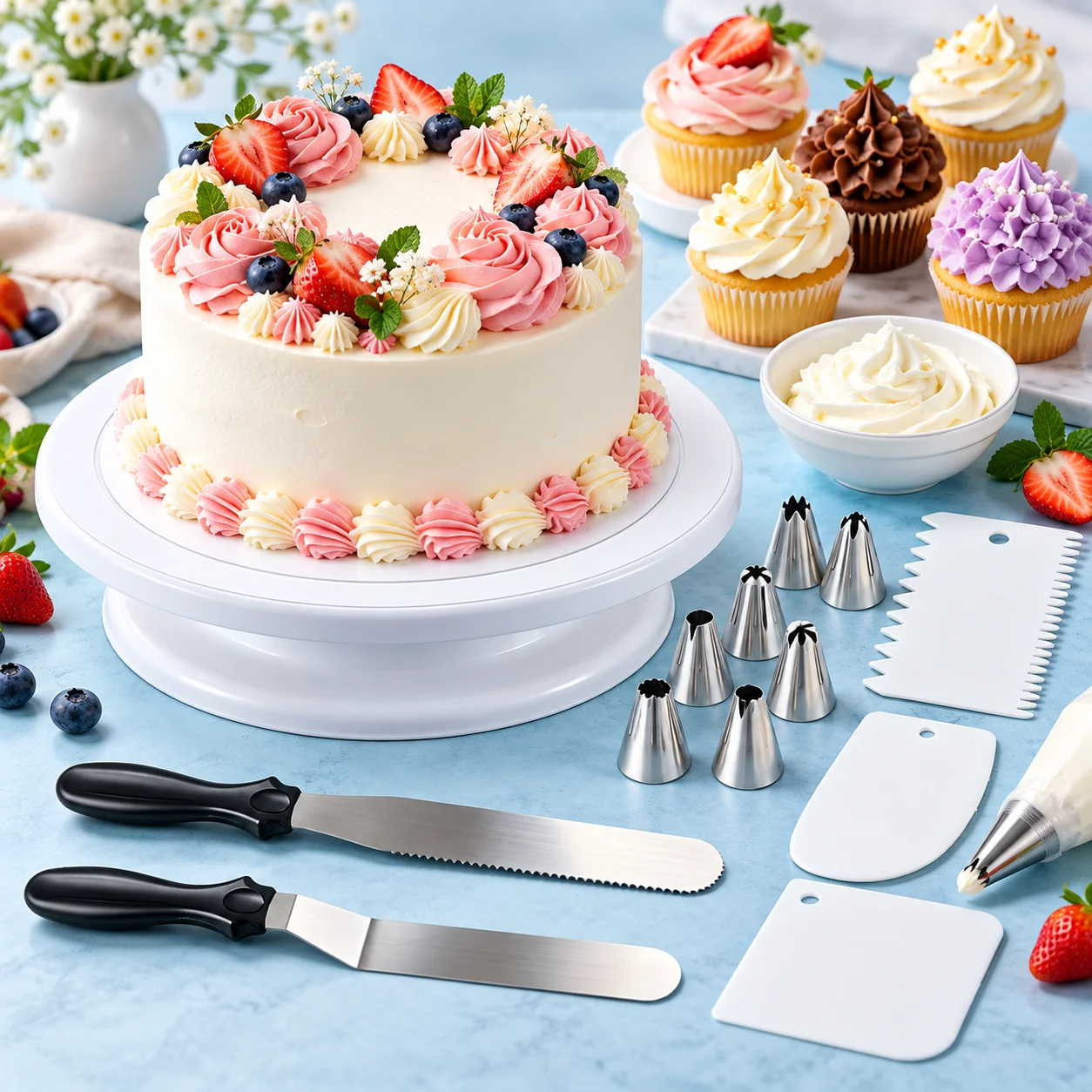 54PCS Cake Decorating Kit Food-Safe Stainless Steel Piping Tips Turntable Baking Tools for Frosting Icing Pastry Home DIY Baking