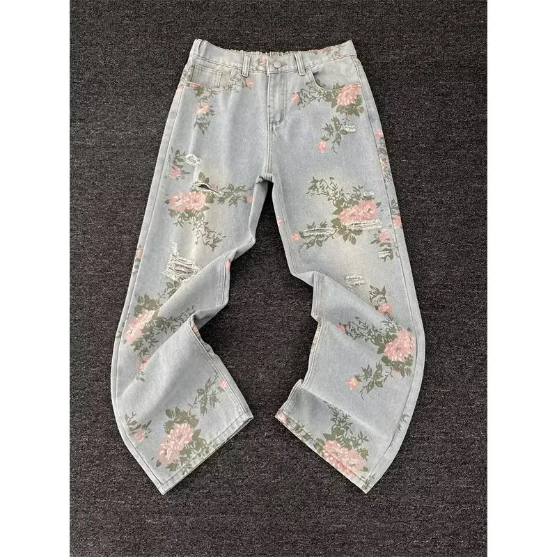 

Мужские джинсы из денима с цветочным принтом и рваными элементами в стиле хип-хоп, прямые, повседневные, весна-осень