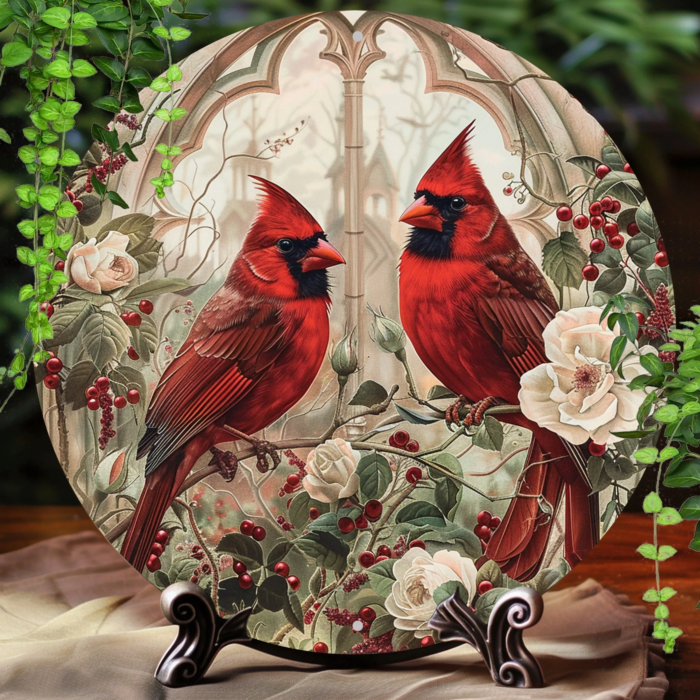 Vintage Cardinal Birds Eisen-Wandkunst, 7,87 Zoll rundes Metallschild, Mehrzweck-Dekoration für Innen- und Außenbereich, ideales Geschenk für Feiertage und Sp