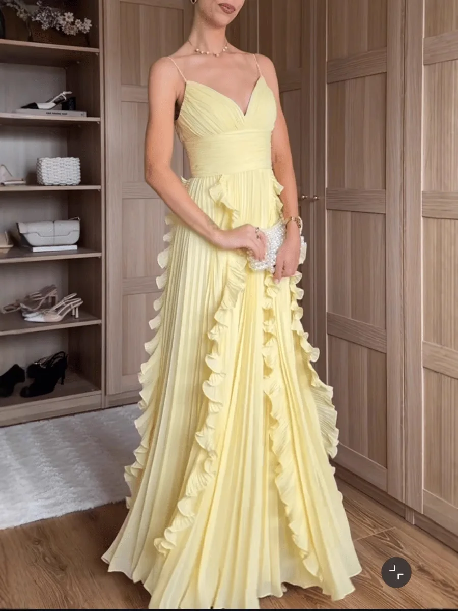 Elegant V-neck Sleeveless Suspender Dress Women's Fashion Pleated Hight Waist Solid Long Dress Casaul Ruffle Design Party Dress