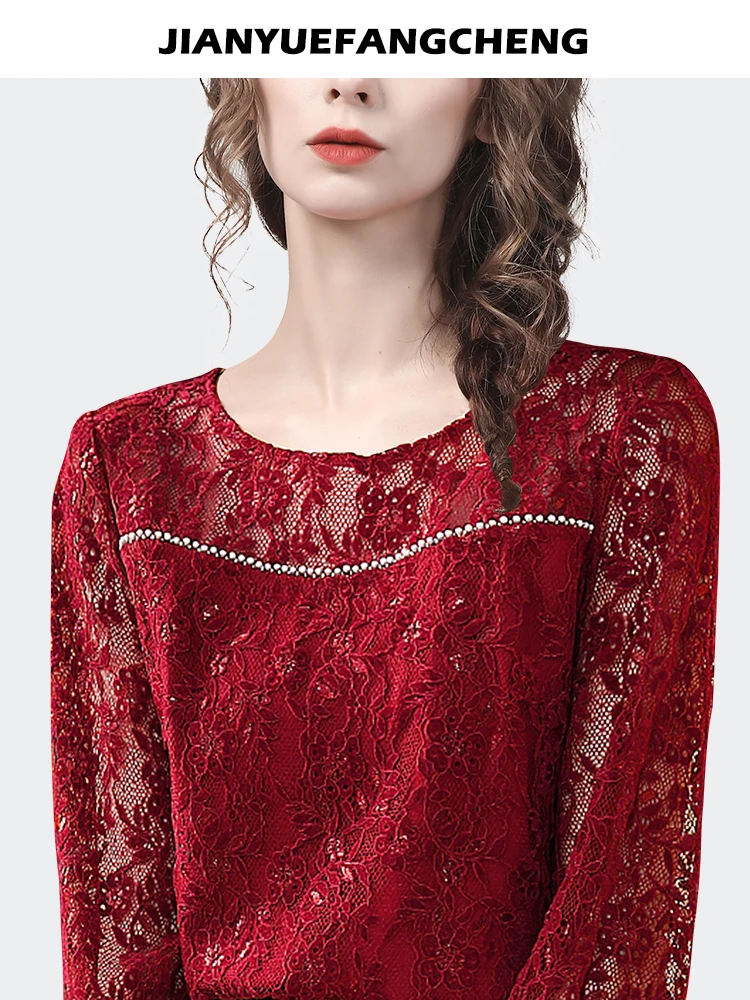 Fashion Women Crew-neck Red Lace Blouse Long Sleeve Hook Flower Hollow Beaded Shirt Loose Plus Size Ladies Casual Top Shirts