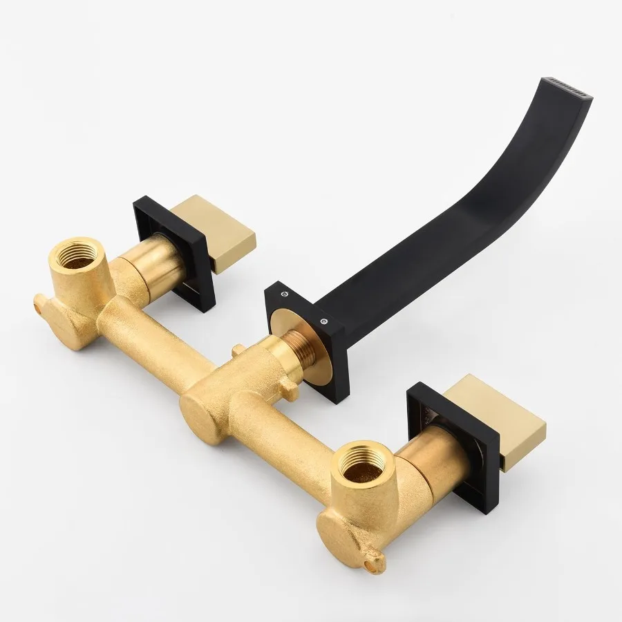 Torneira de parede para pia de banheiro com acabamento preto e dourado com duas alças e válvula robusta para lavatório moderno