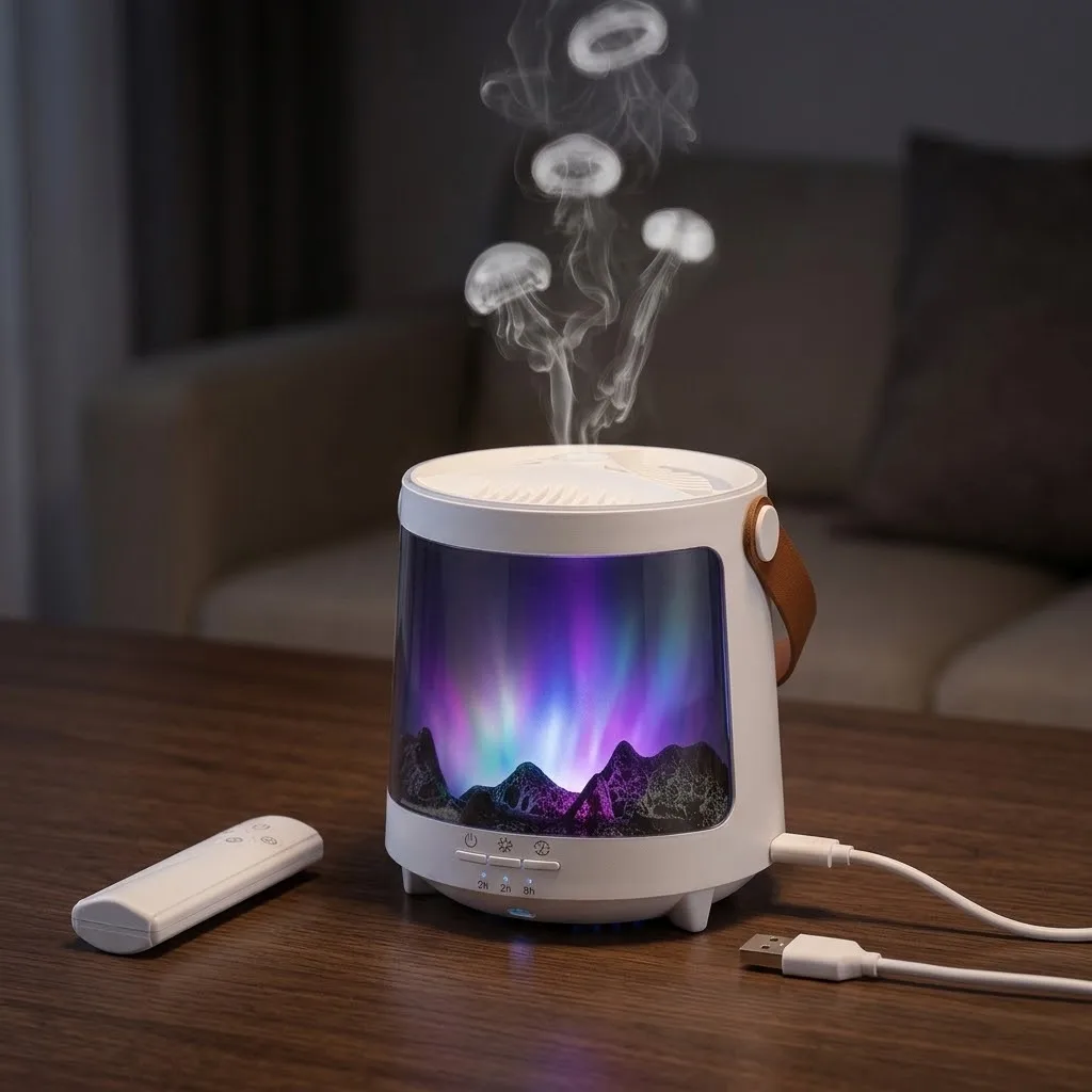 300ml Jellyfish Aroma Diffuser Flame Aurora Mist Humidifier with Remote USB Powered Ultrasonic Cool Air Lamp Home Decor Gift