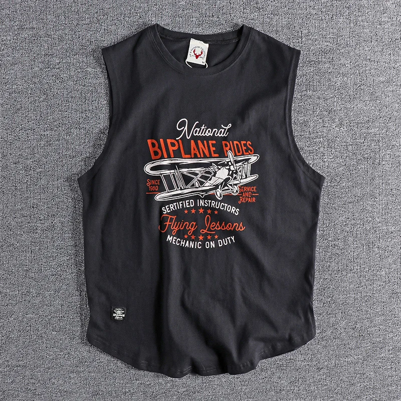 403# Summer New American Retro Sleeveless O-neck Printed T-shirt Men\'s Fashion 100% Cotton Washed Old Casual Sports Vest Tops