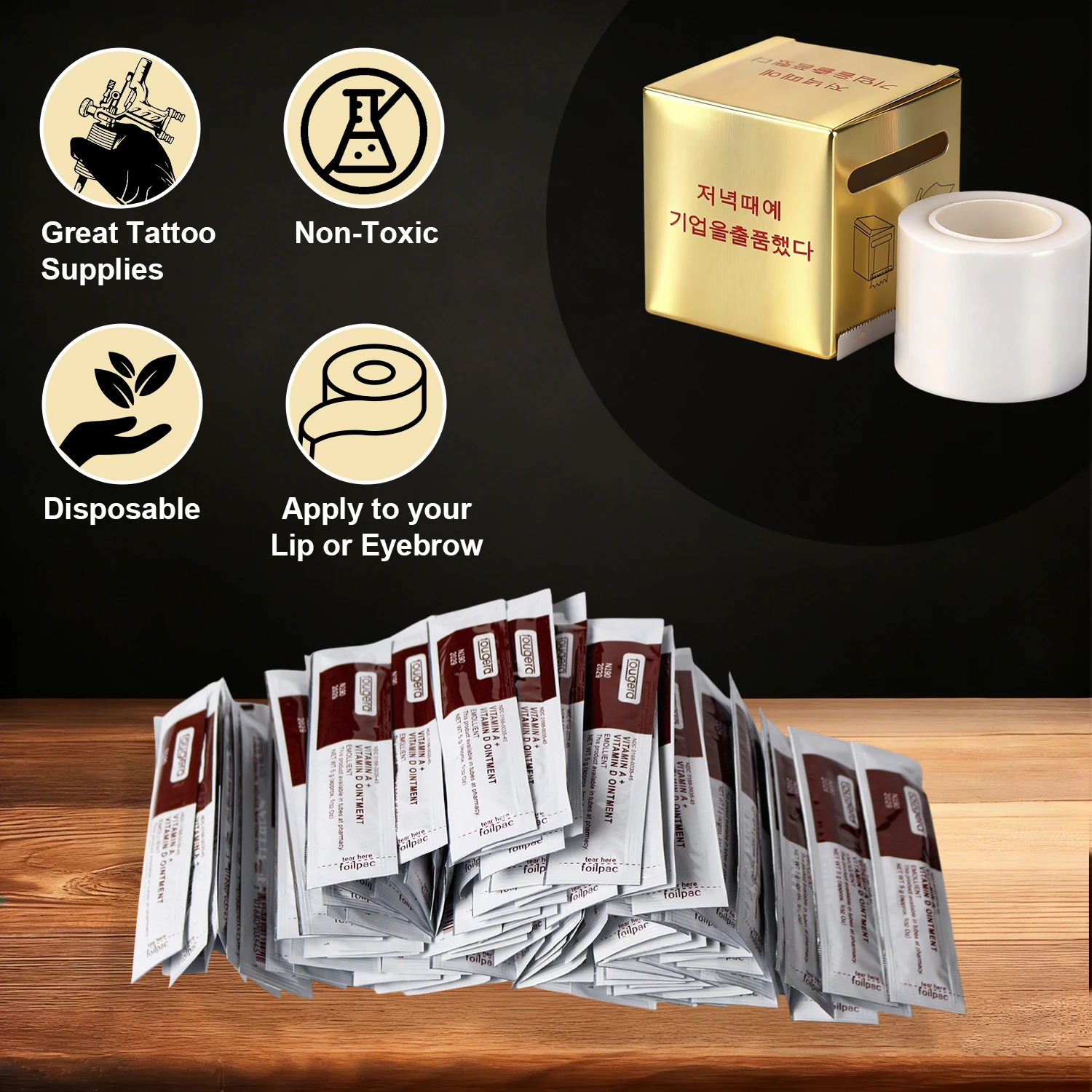 Kit de Cuidado Posterior al Tatuaje, Ungüento de Vitamina A y D, 100 Unidades con 1 Envoltura de Plástico Desechable, Crema de Cuidado para Microblading de Cejas y Labios