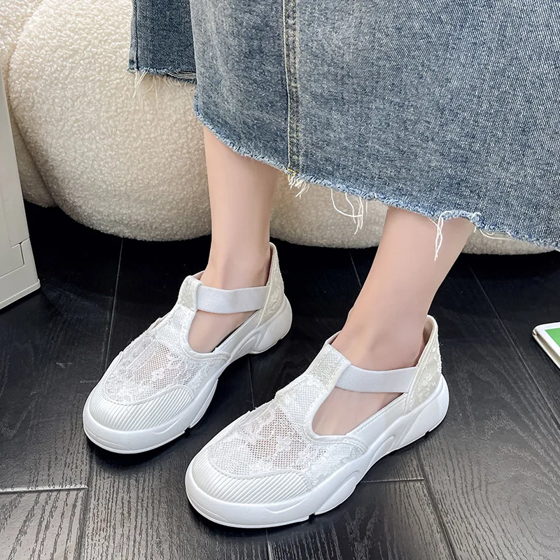 Women Casual Shoes Fashion Breathable Walking Mesh Flat Shoes Woman White Sneakers Women 2024 Female Summer Lace Hollow Sandals