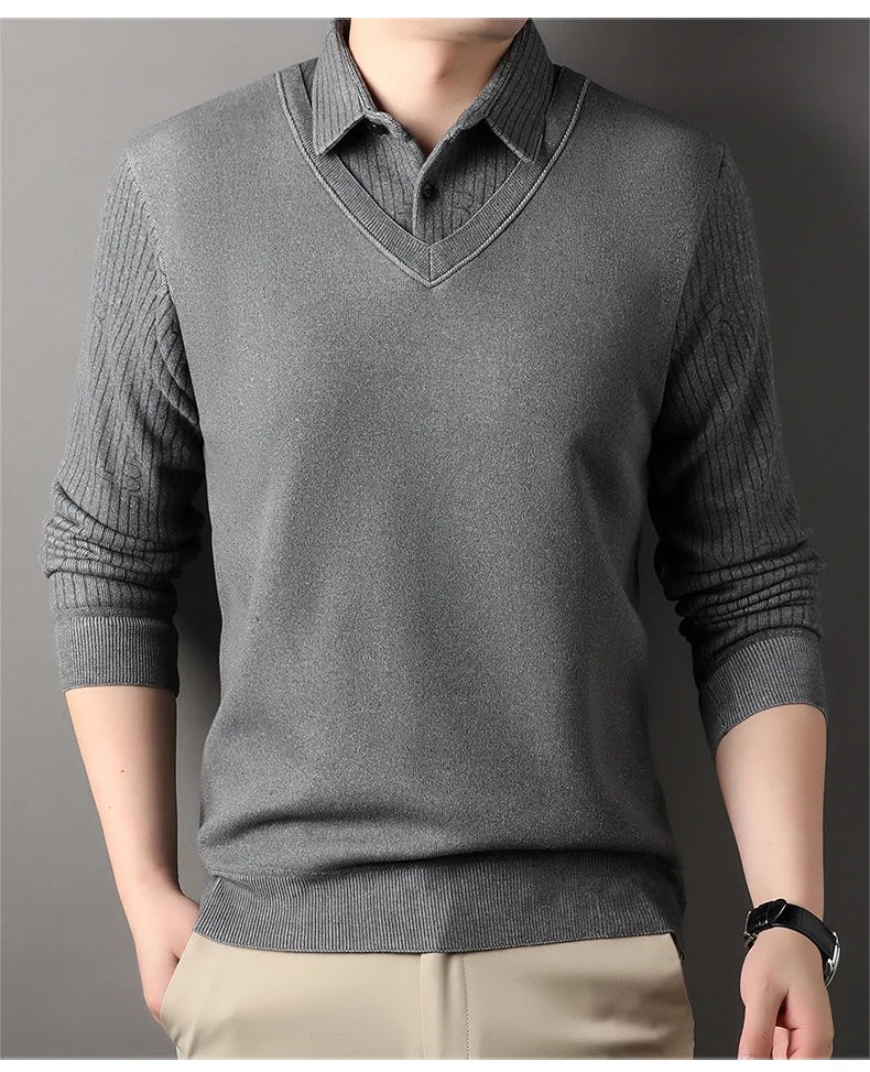 Herren Plaid Pullover Fleece Pullover Slim Fit Elegante Luxus Marke Gefälschte Zwei Stücke Gestrickte Pullover – Detail 16
