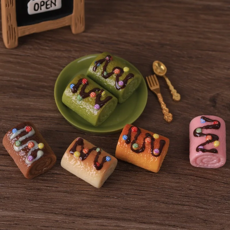 10Pcs Mini Rainbow Bean Swiss Roll Resin Charms Simulation Food Play Cake Roll DIY Accessories Dollhouse Desktop Ornament