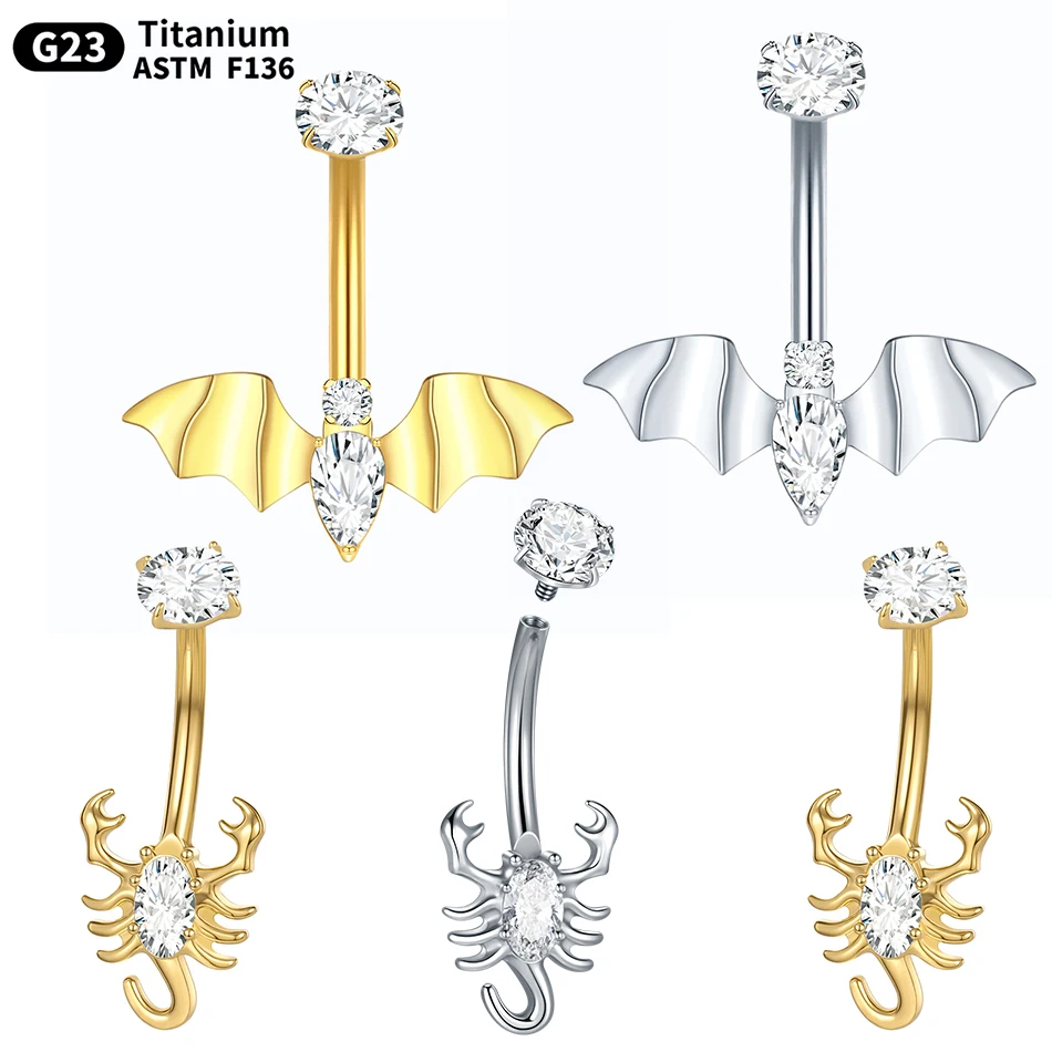 1Pc Bat Zircon Belly Button Ring 14G Titanium Navel Earring Curved Bars Navel Nombril Piercing Sexy Belly Piercing Jewelry