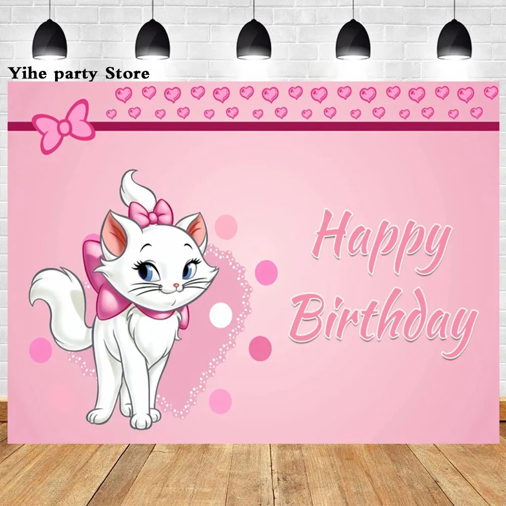 Fondo de decoración de fiesta de cumpleaños de niña, lindo gato María Rosa, tema de Los Aristogatos, estudio fotográfico personalizado a rayas