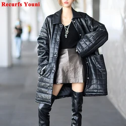 Winter Leather Jacket Women 2023 Korean Fashion Texture Rhombus Cotton Padded Lambskin Coat Femme Thick Loose Outwear Abrigos