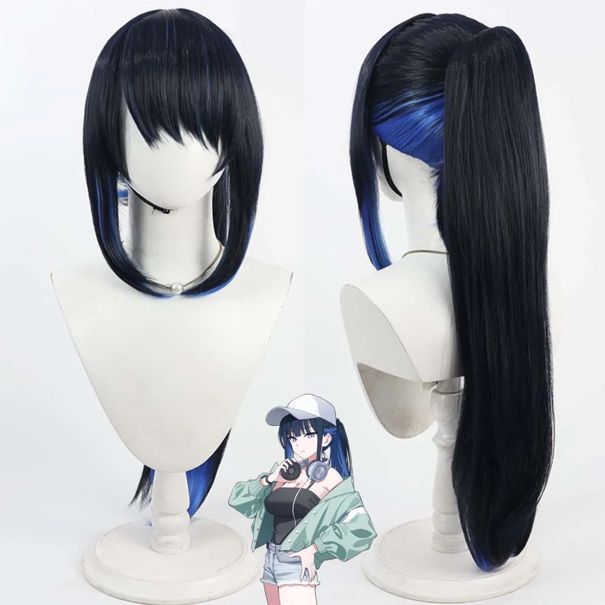 

Game Blue Archive Cosplay Jomae Saori Long Black Mixed Blue Ponytail Wig