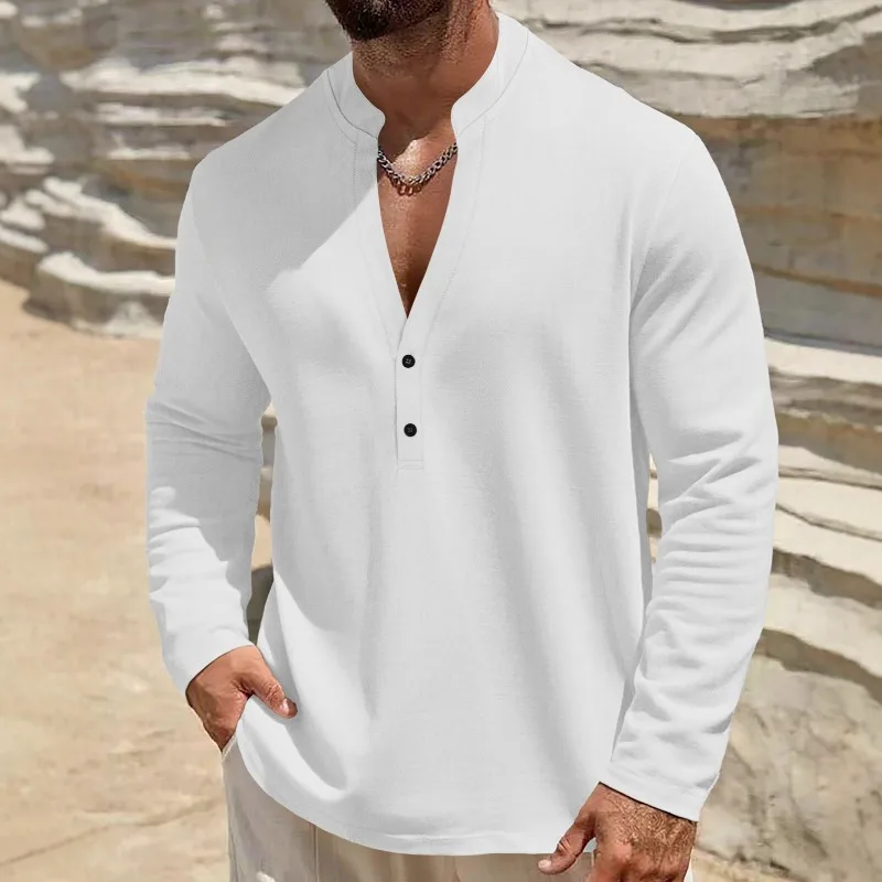 

Мужская рубашка-хенли с длинным рукавом, воротником-стойкой и V-образным вырезом на пуговицах, повседневная, для весны и осени