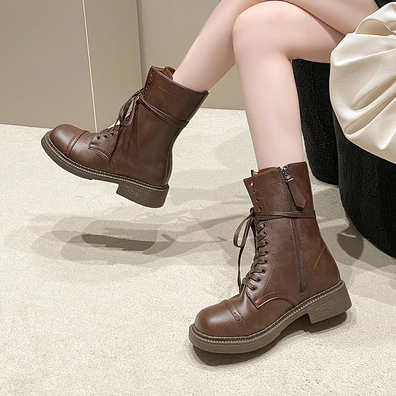 Fall New Fashion Round Front Lace-up Side Zipper Comfortable Mid-calf Boots for Women Chunky Heel Boots image 6