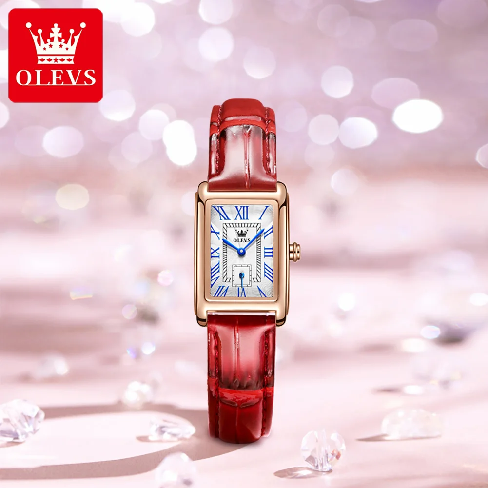 

OLEVS 6625 Ladies Square Watches Luxury Waterproof Quartz Wrist Watch for Women Roman Scale Separate Second Hands Leather Strap