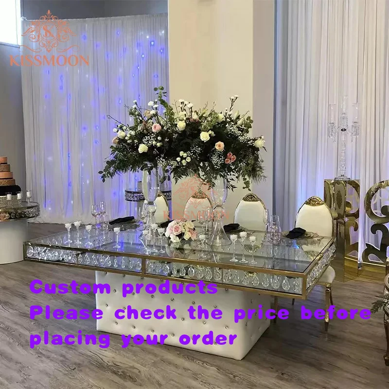 custom.Rectangle Royal Event Table Modern Luxury Stainless Steel Tempered Glass Top Wedding Tables