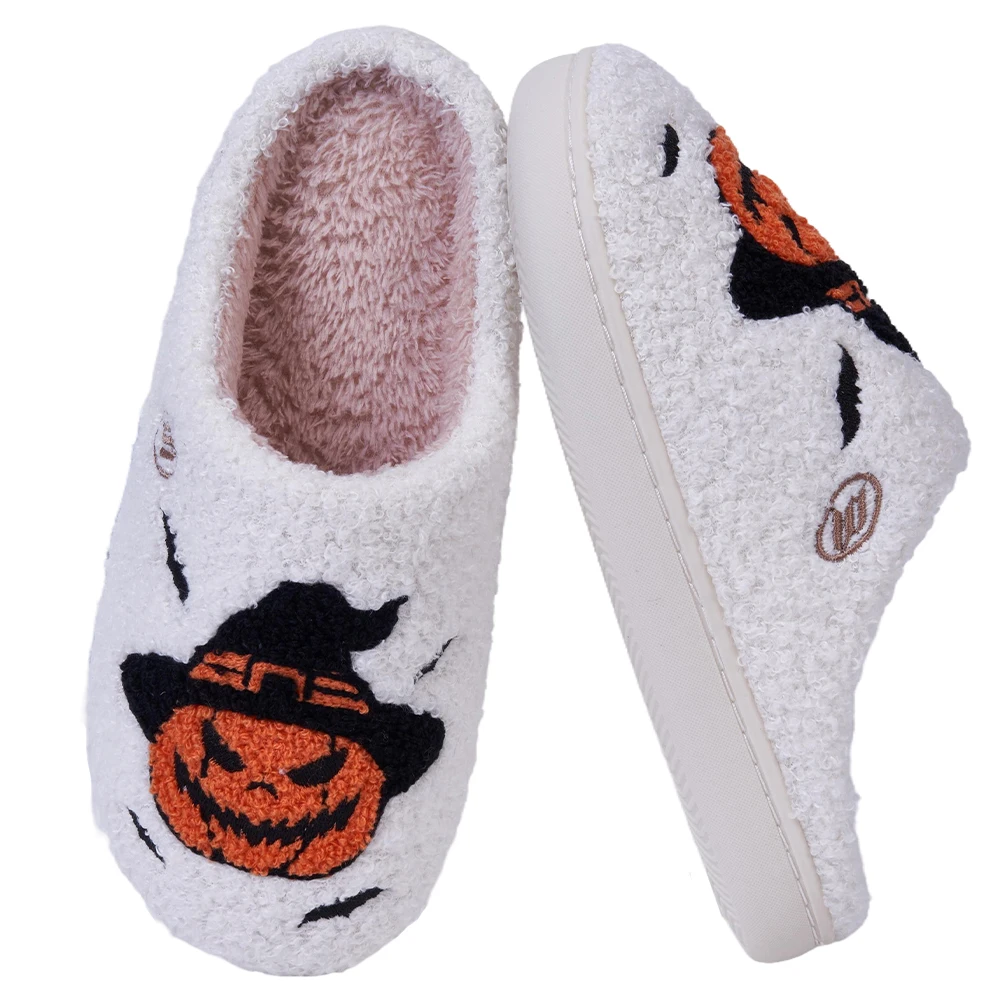 Zapatillas de calabaza de Halloween, zapatos de casa sin cordones, cómodas zapatillas térmicas planas, zapatillas de pareja esponjosas antideslizantes para hombres y mujeres