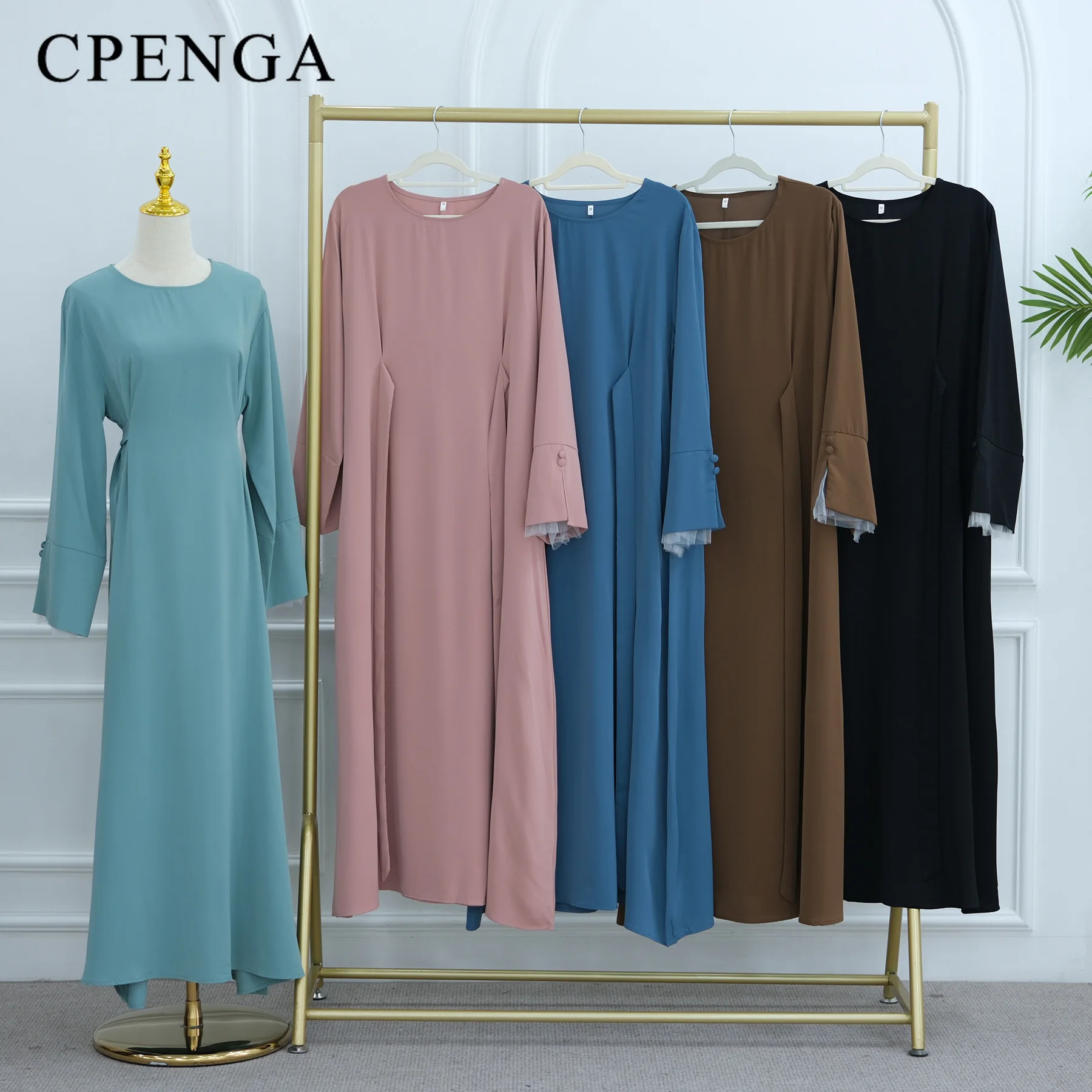 

2025 Ramadan Modest Muslim Women's Clothes Elegant Arabic Back Belted Abaya Dress with Lace Sleeves Islamic Flared Maxi Robe