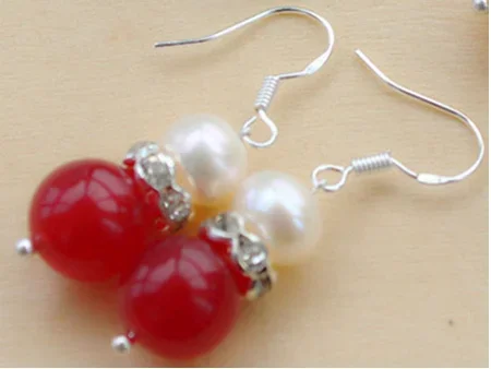 

Beautiful Natural 10mm Red Jade White Freshwater Pearl 925 Sterling Earrings