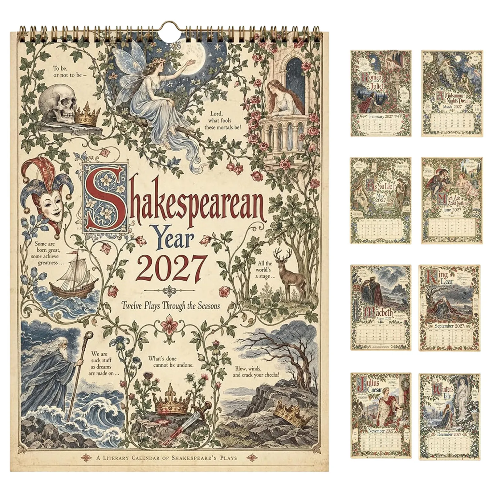 Shakespeare 2027 Wall Calendar, Vintage Illustrated Literary Calendar with 12 Plays Romance Monthly Decorative Artwork Gift