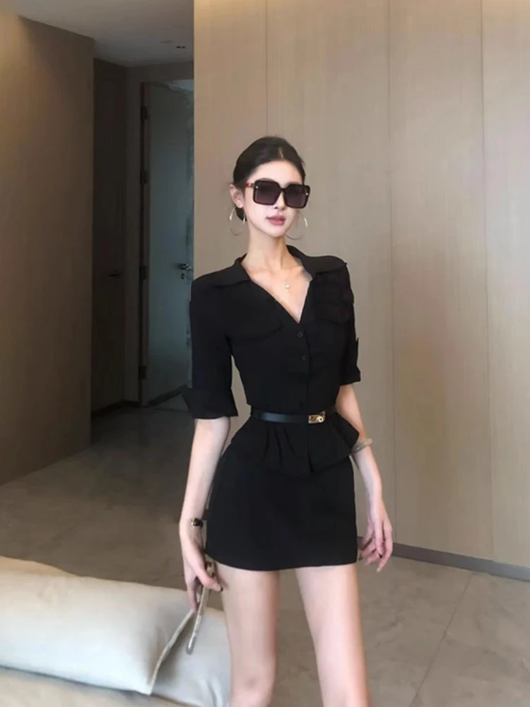 

Syj ujia Sexy V-ne f-sve irt Women's Waist-cinching Slimming Bla Skirt Faionable Casual Outfit Set