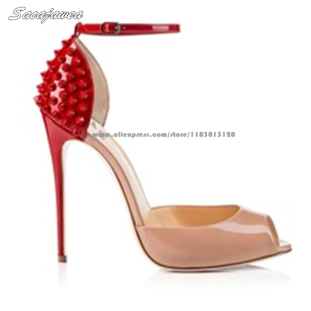 Patent Leather Red Rivet Ankle Buckle Fish Mouth High Heels Open Toe Side Empty Sexy Sandals Mix Color All-Match Party Sandals