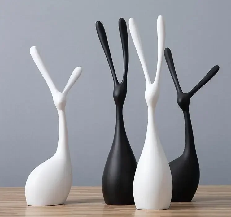 2PCS Modern Home Room Ornaments Cute Black White Resin Rabbit Figurines Miniatures Office Coffee Bar Desktop Crafts Decoration