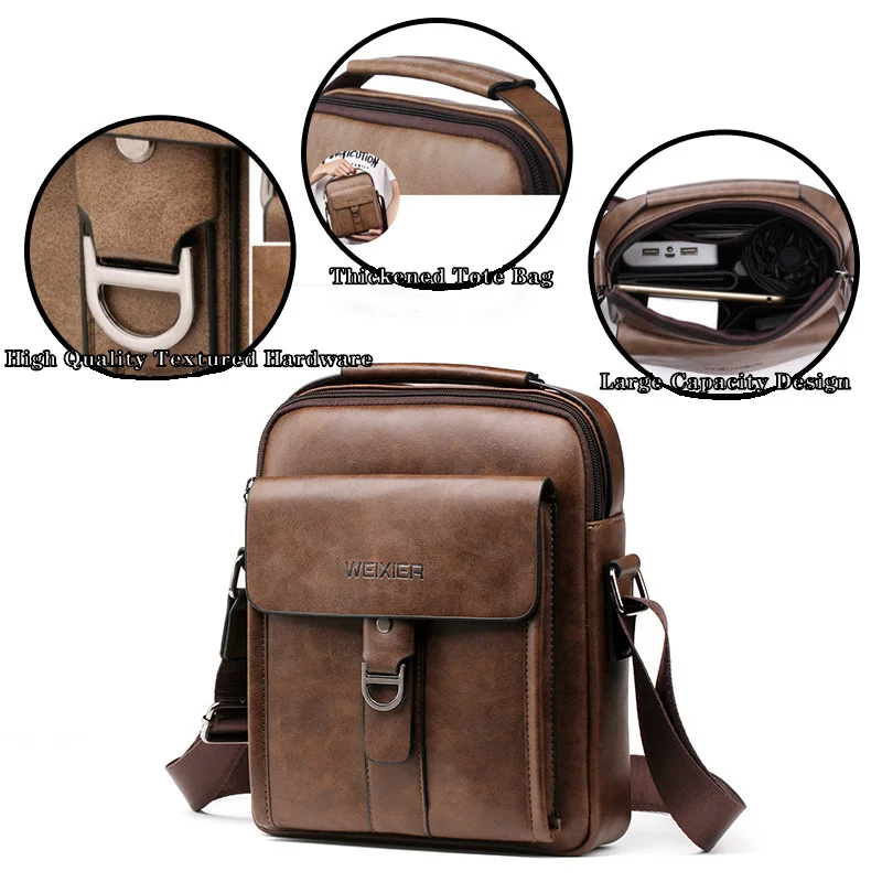 WEIXIER New Men Retro Briefcase Casual Shoulder Bag Fashionable Business PU Handbag Travel Crossbody Bags Outdoor Sports Man Bag