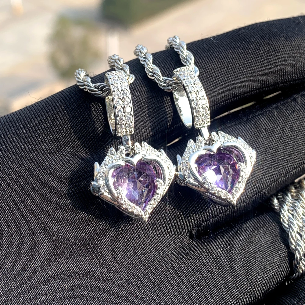 Bling Cubic Zirconia Paved Gorgeous Charming Heart Purple CZ Wedding Necklace for Women Party Lady's New Trendy Jewelry