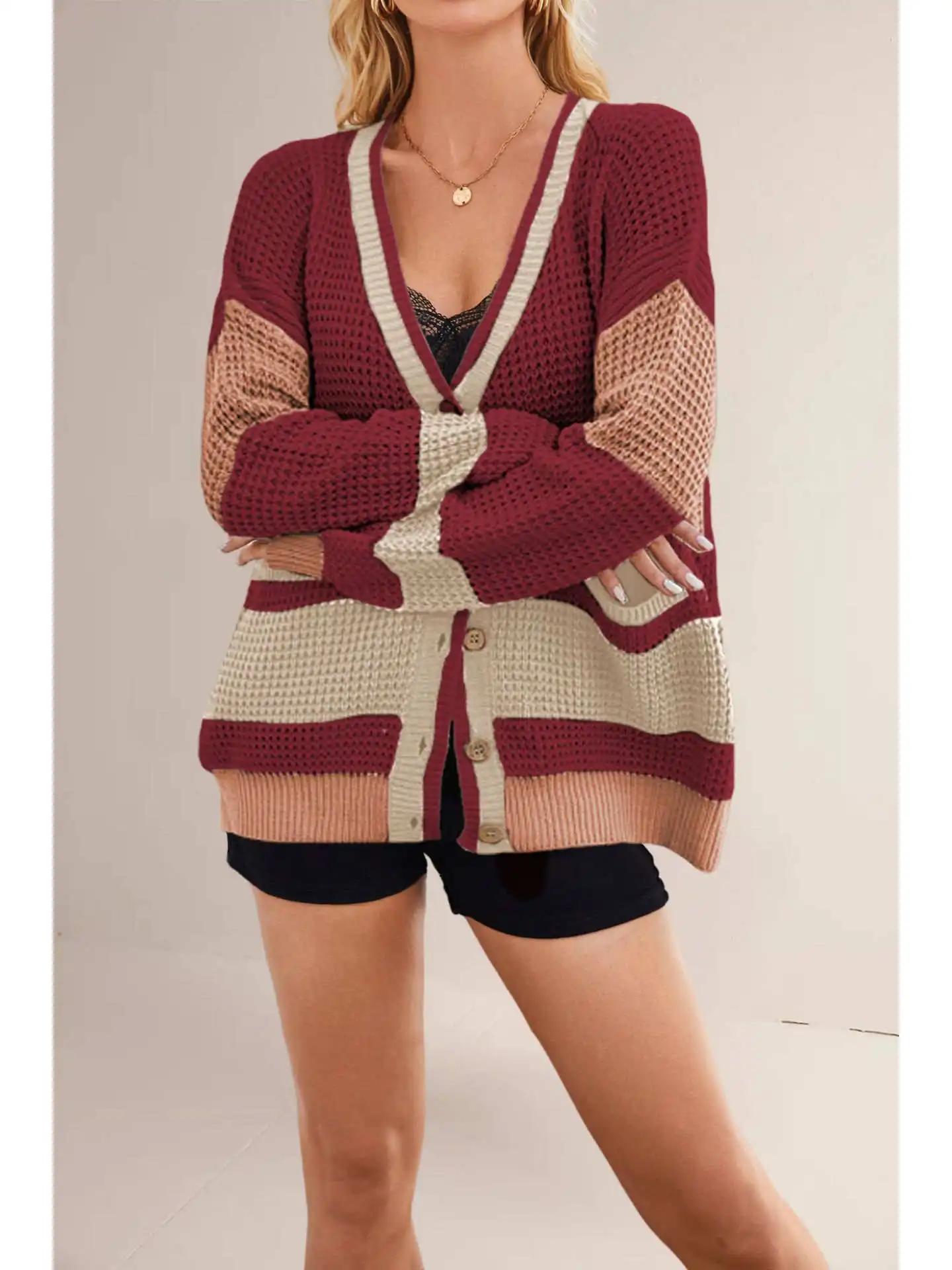 

Женский вязаный кардиган с V-образным вырезом в полоску, тонкий, теплый, с длинными рукавами, стандартной длины, для осеннего сезона