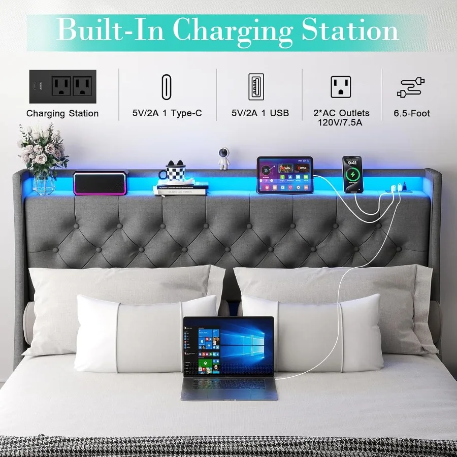 Queen Size Bed Frame with 4 Storage Drawers and LED Lights for Modern Bedrooms Upholstered Headboard with Built-in Charging Sta - Image 4