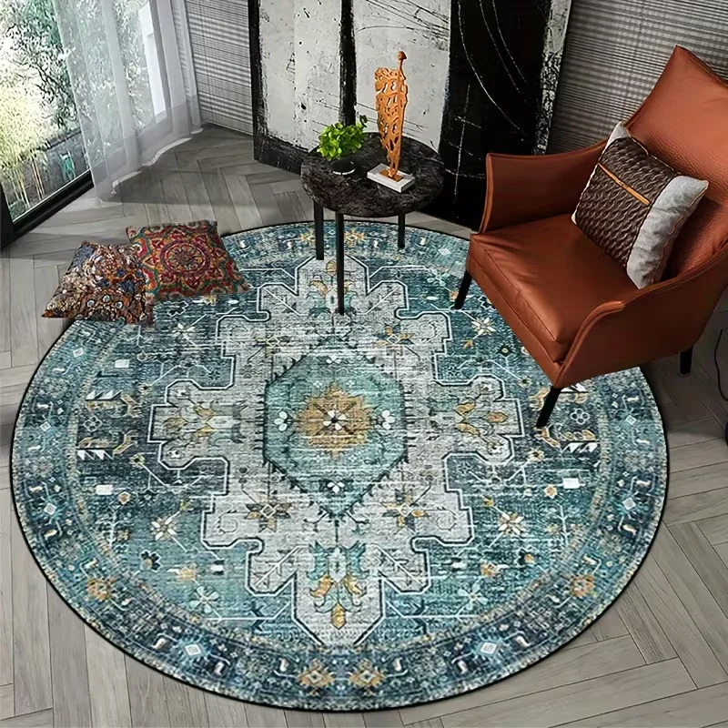 Vintage Bohemian Round Area Rug Ethnic Geometric Diamond Pattern Soft Circular Carpet for Living Room Bedroom