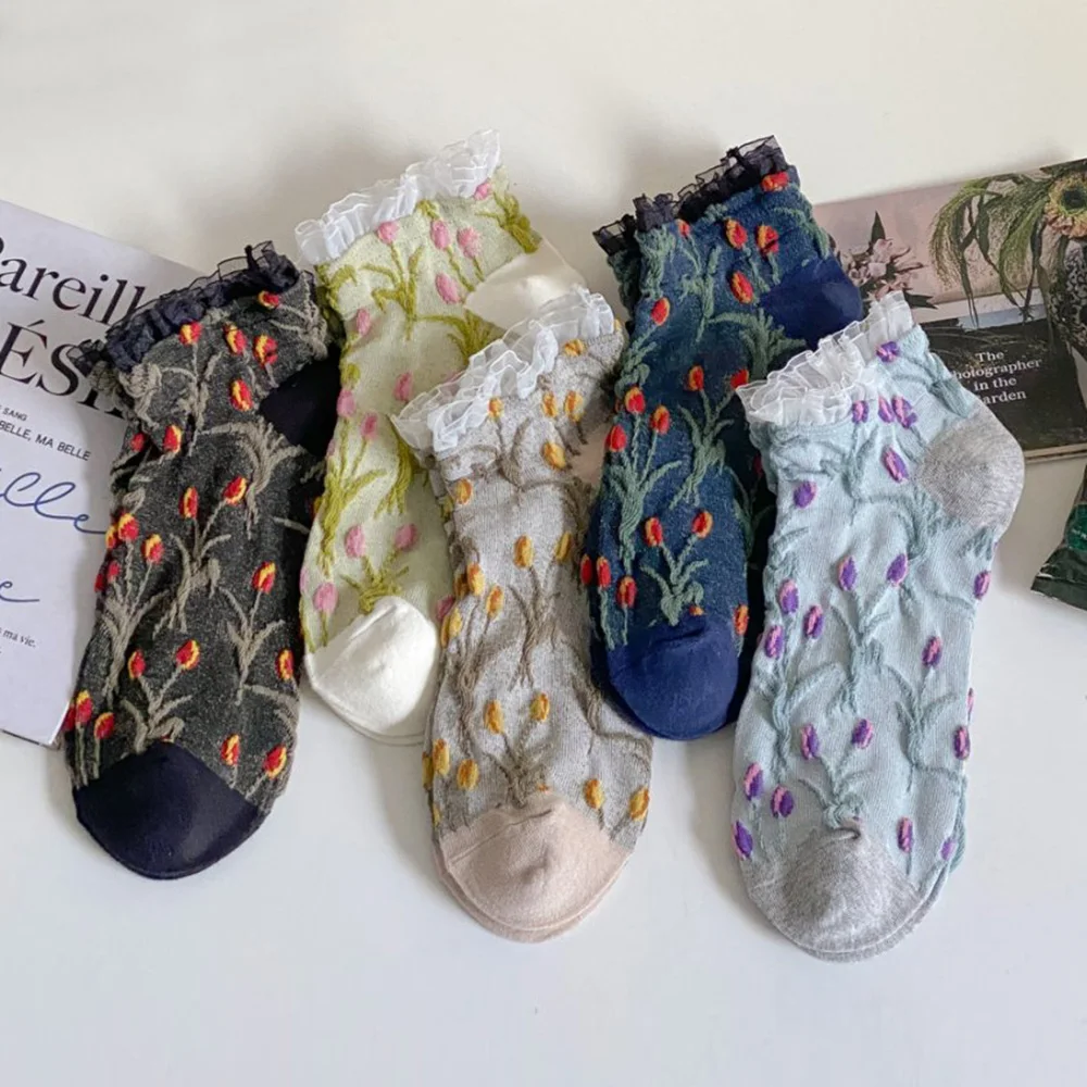 5 Pair Sweet Cute 3D Stereoscopic Flower Women's Socks Set Fashion Lace Edge Short Socks Spring Summer New Woman Streetwear
