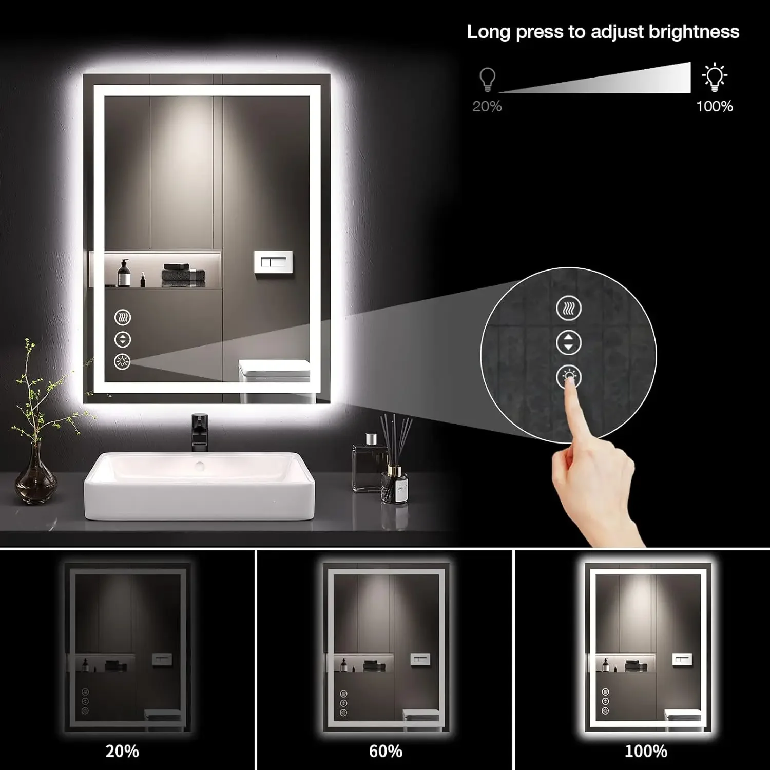 LOuto-Miroir LED avec lumières, anti-buée, intensité variable, rétro4.2 + avant, miroir de courtoisie 4.2 pour mur, 24x32