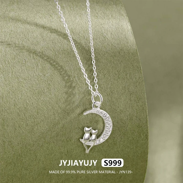 

JYJIAYUJY 100% Whole Original Pure Silver S999 45CM Necklace Chain 18mm Moon Cat Pendant Fashion Woman Jewelry Gift JYN139