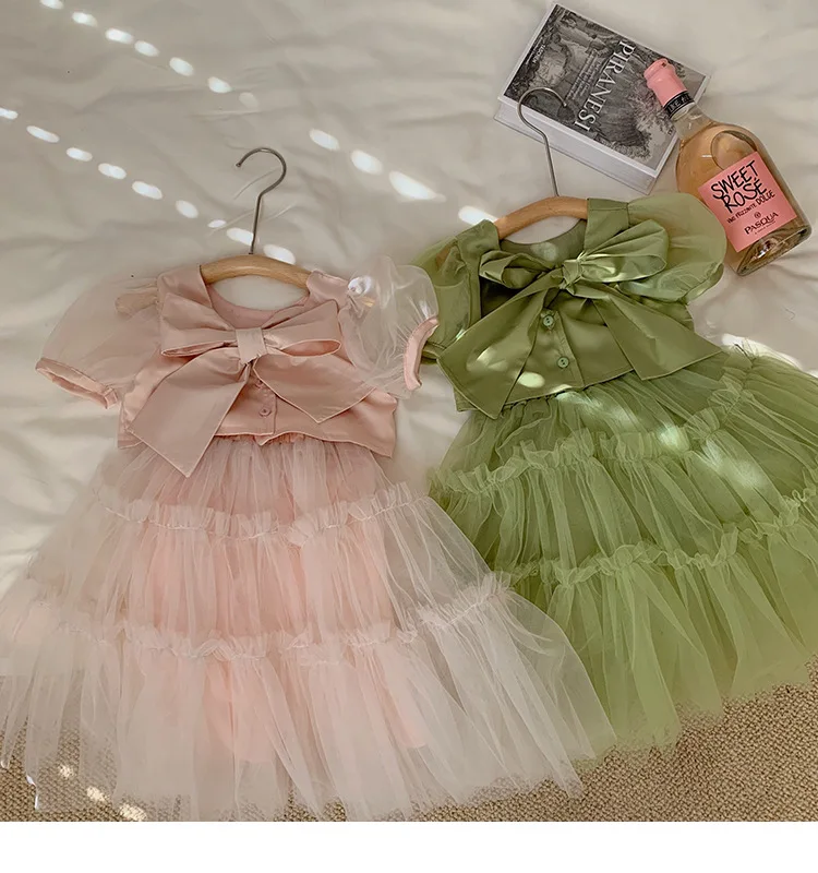 Kids Shirts + Skirts 2pcs Sets Summer New Princess Mesh Dress Children Short Sleeve Summer New Bow Suits Girl Top + Skirts Z1094