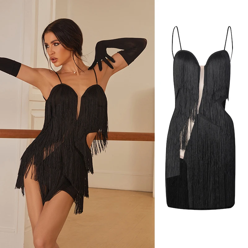 

ZYM платье для латинских танцев, женская одежда для соревнований, черное платье с бахромой, сексуальное платье для ча-ча, румбы, самбы, тренировочное платье DNV25933