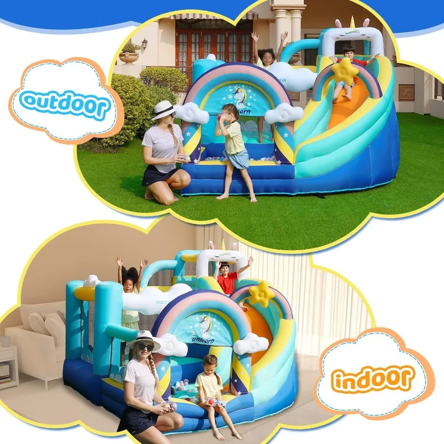 منزل ترتد قابل للنفخ، منزل يونيكورن مع منزلق، منزل نطاط قابل للنفخ مع حفر كروية، حارس القفز للأطفال من سن 4 إلى 8 سنوات،