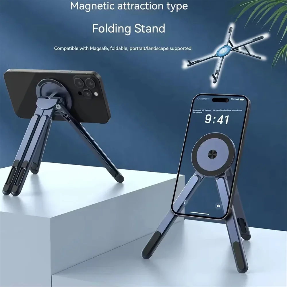 Portable 3-in-1 Magnetic Phone Holder Foldable Tripod Stand Aluminum Alloy Selfie Stick for iPhone iPad Tablet Laptop Desktop